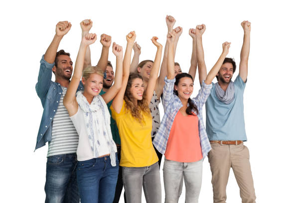 istock Group of casual happy young people raising hands 691992838