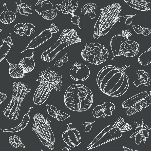 Hand drawn vegetables seamless pattern Hand drawn vegetables seamless pattern. Healthy food vector background. White on black. engraving food onion engraved image stock illustrations