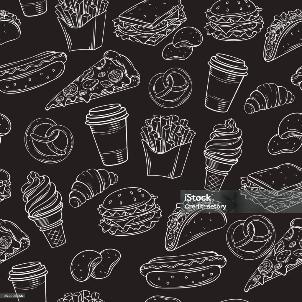 fast food seamless pattern with Hand drawn black fast food seamless pattern. Retro vector background. Backgrounds stock vector