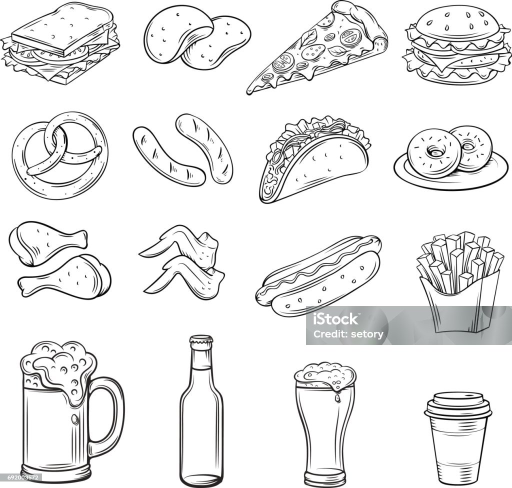 Hand drawn icons for Street Cafe Hand drawn icons for Street Cafe. Beer snack and fast food outline drawing set vector illustration. Illustration stock vector