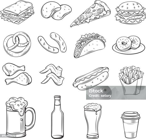 Hand Drawn Icons For Street Cafe Stock Illustration - Download Image Now - Illustration, Chicken Wing, Hot Dog