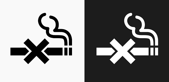 No Smoking Icon on Black and White Vector Backgrounds. This vector illustration includes two variations of the icon one in black on a light background on the left and another version in white on a dark background positioned on the right. The vector icon is simple yet elegant and can be used in a variety of ways including website or mobile application icon. This royalty free image is 100% vector based and all design elements can be scaled to any size.
