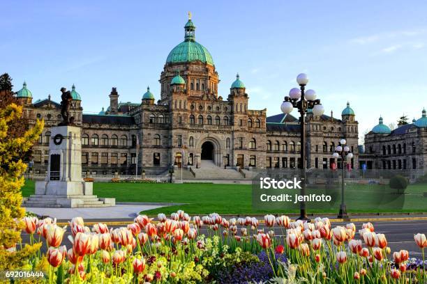 British Columbia Provincial Parliament Building With Spring Tulips Stock Photo - Download Image Now