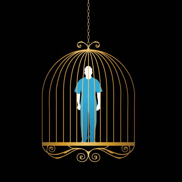 Man in gold bird cage vector art illustration