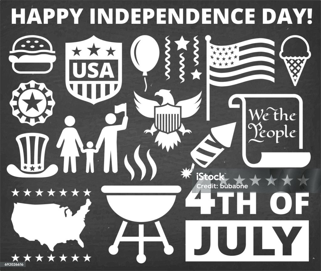 Independence Day July 4th Icons on Chalk Board Background Independence Day July 4th Icons on Chalk Board Background. These July 4th icons are arranged on a chalk board background. The vector icons vary in size and create a nice composition. Each icon can be used independently or use them as a set. Fourth of July stock vector