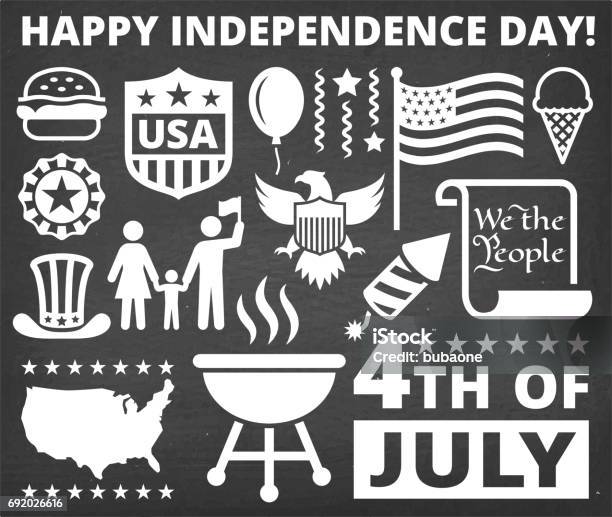 Independence Day July 4th Icons On Chalk Board Background Stock Illustration - Download Image Now