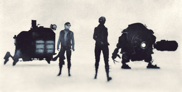 istock Steampunk couple walking with robots and machinery 692053002