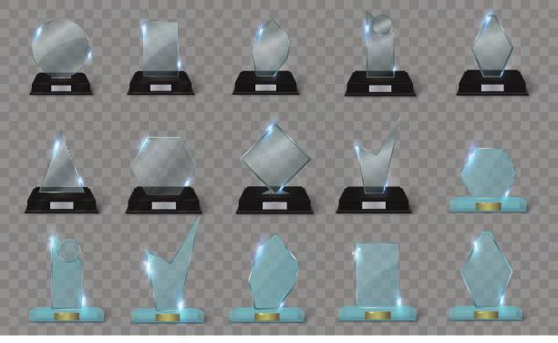Blank glass trophy award on a transparent background Blank glass trophy award on a transparent background. Glossy trophy for illustration award.realistic empty.black stand 3D .vector glass showroom stock illustrations