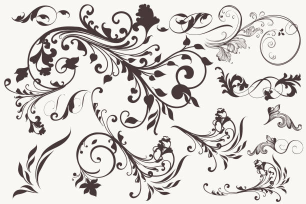 illustrazioni stock, clip art, cartoni animati e icone di tendenza di collezione di fioriture vintage vettoriali per il design - filigree swirl flourishes ornate