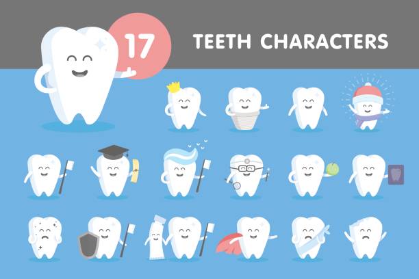 ilustraciones, imágenes clip art, dibujos animados e iconos de stock de conjunto de dientes sonrientes - dentist dentist office dentists chair cartoon
