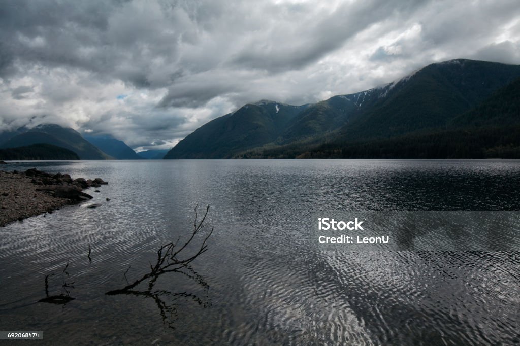 Alouette Lake, Maple Ridge, BC, Canada Moody lake on a cloudy Spring morning, Golden Ears Provincial Park. Golden Ears Provincial Park Stock Photo
