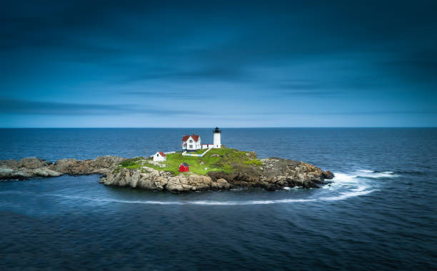 Nubble lighthouse and Coastine of Maine stock photo
