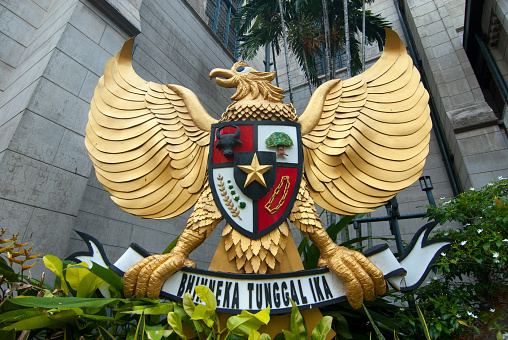 Statue of Garuda Pancasila, the ideology of the Republic of Indonesia, as it appears on the page of the Cathedral Church of Jakarta. Pancasila conceptualized by Sukarno has become a symbol of unifying the nation of Indonesia since 1945.