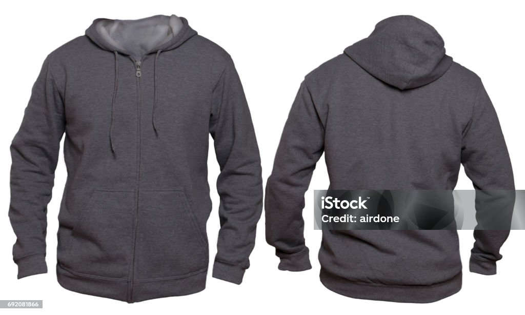 Dark Gray Hoodie Mock up Blank sweatshirt mock up, front and back view, isolated. Hoody design presentation. Jumper for print. Blank clothes sweat shirt sweater Gray Color Stock Photo