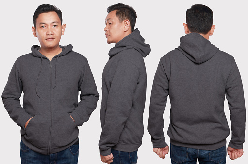 Blank sweatshirt mock up, front, back and side view, isolated. Asian male model wear plain gray hoodie mockup. Hoody design presentation. Jumper for print. Blank clothes sweat shirt sweater