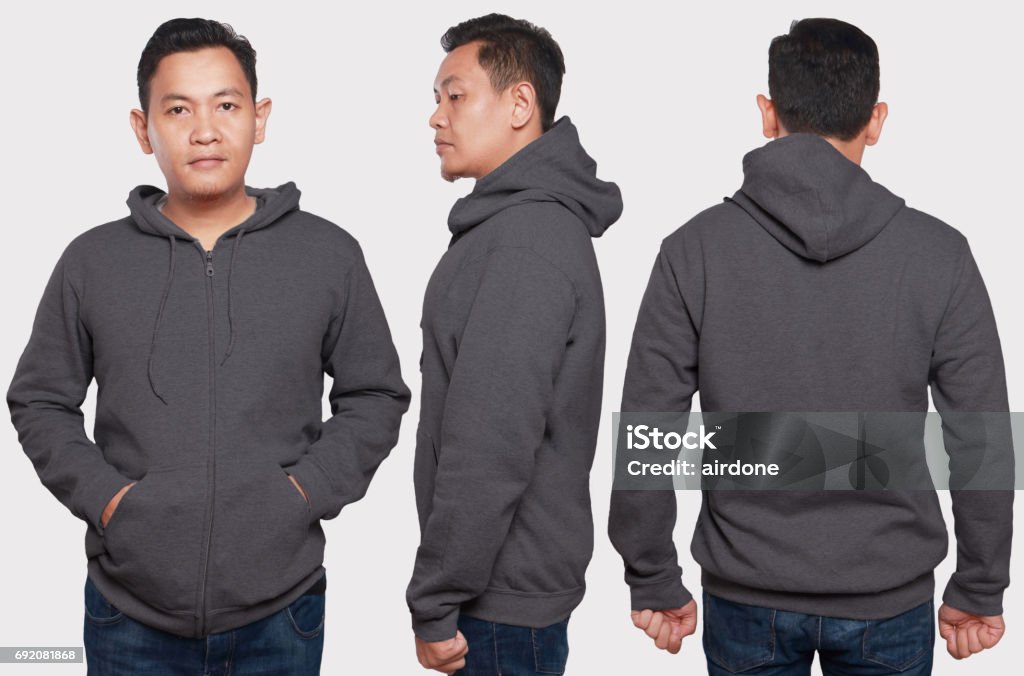 Dark Gray Hoodie Mock up Blank sweatshirt mock up, front, back and side view, isolated. Asian male model wear plain gray hoodie mockup. Hoody design presentation. Jumper for print. Blank clothes sweat shirt sweater Hooded Shirt Stock Photo