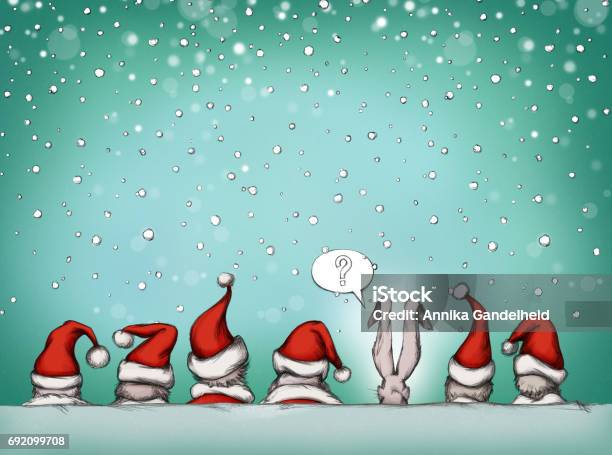 Some Christmas Men With Surprise Guest Stock Illustration - Download Image Now - Easter Bunny, Men, Rear View