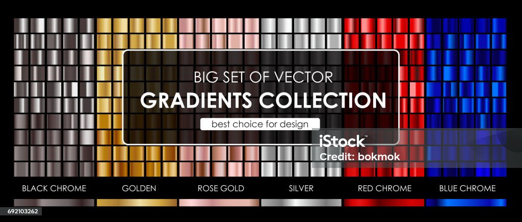 gradients Vector big set of vector gradients collection.Collection metallic golden,rose gold,silver,black chrome,red chrome and blue chrome gradients background texture.vector illustration. Color Gradient stock vector