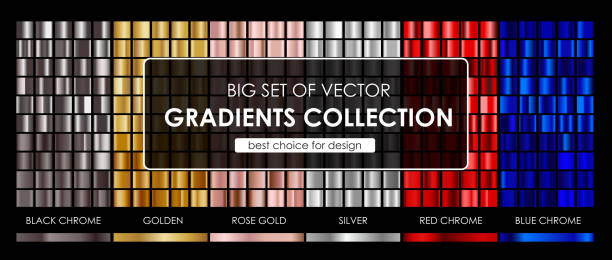 gradients Vector big set of vector gradients collection.Collection metallic golden,rose gold,silver,black chrome,red chrome and blue chrome gradients background texture.vector illustration. gold metal stock illustrations