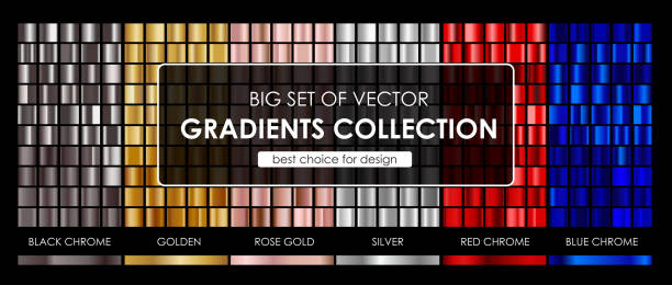 gradients Vector big set of vector gradients collection.Collection metallic golden,rose gold,silver,black chrome,red chrome and blue chrome gradients background texture.vector illustration. illustrator stock illustrations