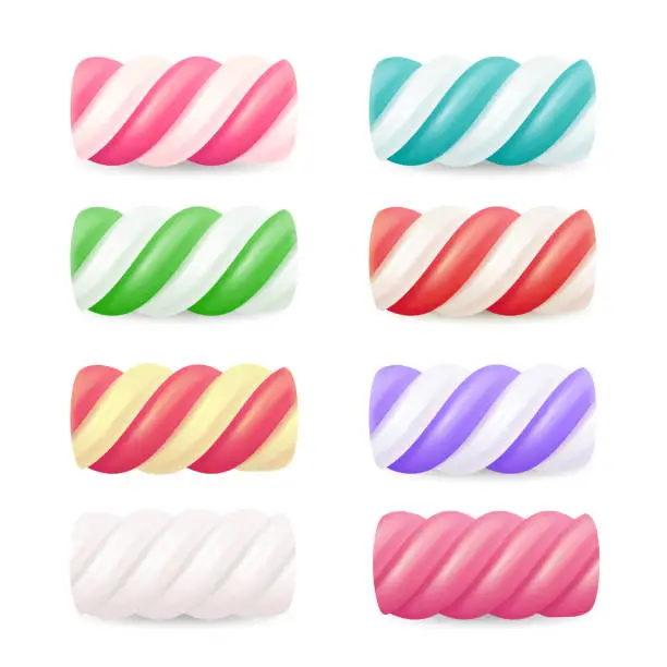 Vector illustration of Realistic Marshmallow Candy Vector. Set Colorful Twisted Marshmallows