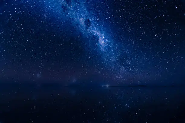 Milky Way reflects surface of water at Uyuni Salt flats in Bolivia.