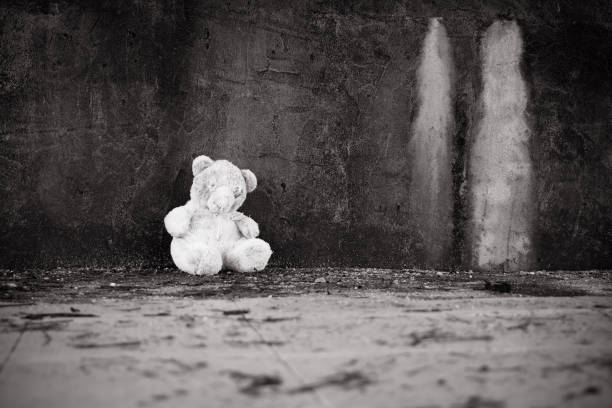 istock Cute teddy bear abandoned black and white tone 692119148