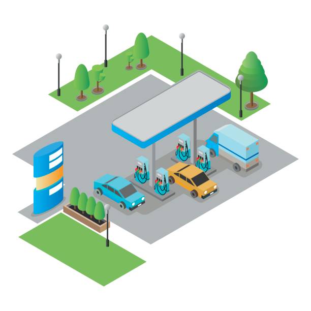 иллюстрация изометрического вектора азс. - isometric gas station transportation car stock illustrations