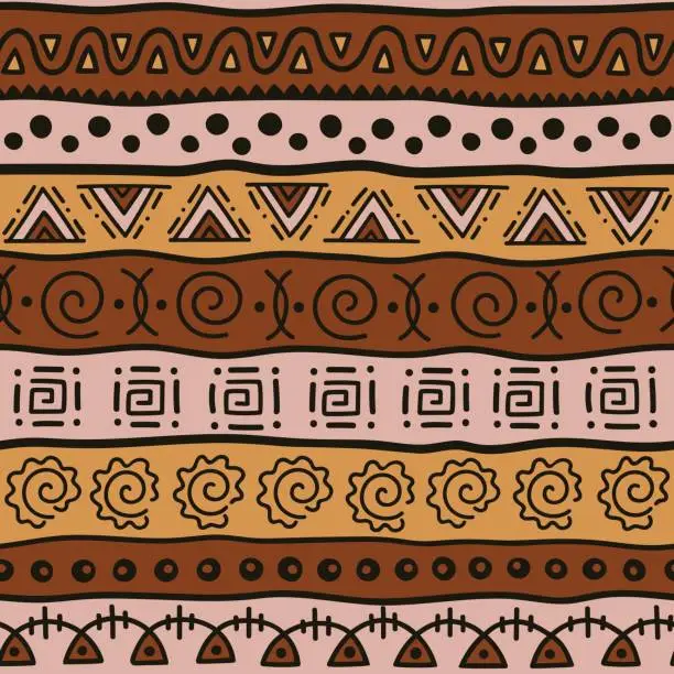 Vector illustration of Seamless color pattern in ethnic style. Ornamental element African theme. Set of seamless vintage decorative tribal border. Traditional African pattern background with tribal elements form.