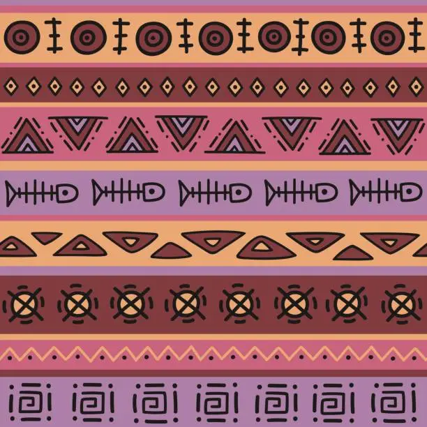 Vector illustration of Seamless color pattern in ethnic style. Ornamental element African theme. Set of seamless vintage decorative tribal border. Traditional African pattern background with tribal elements form.