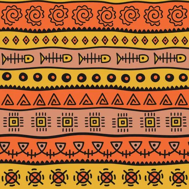 Vector illustration of Seamless color pattern in ethnic style. Ornamental element African theme. Set of seamless vintage decorative tribal border. Traditional African pattern background with tribal elements form.