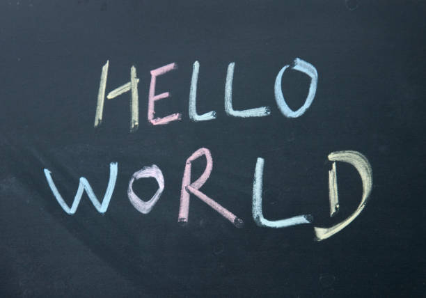 hello world title written with chalk on blackboard blackboard world title stock pictures, royalty-free photos & images