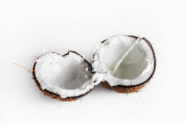 coconuts with milk splash - drink close up dairy product flowing imagens e fotografias de stock