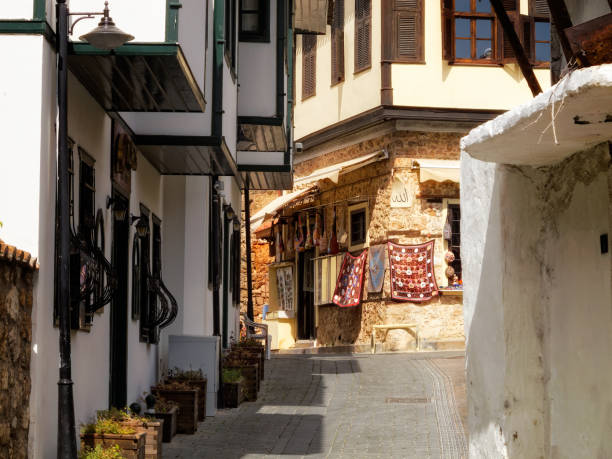 Detail shot of old houses and narrow street from Old City, Antalya Turkey