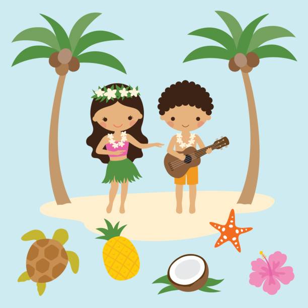 hula tänzerin mädchen und jungen der ukulele in hawaii - hawaii islands luau hula dancing hawaiian culture stock-grafiken, -clipart, -cartoons und -symbole