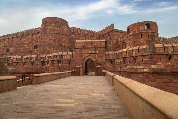 форт агра, также известный как красный форт агра, является замысловато вырезанным историческим фортом из красного песчаника в штате уттар-� - carving monument fort pradesh стоковые фото и изображения