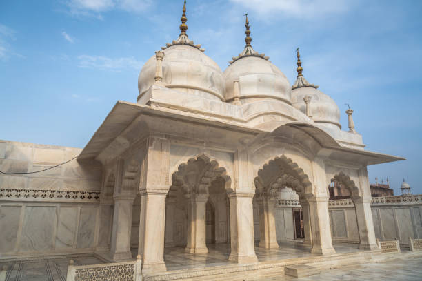 агра форт нагина масджид - белая мраморная архитектурная мечеть в форте агра, используемая женщинами королевского гарема. - carving monument fort pradesh стоковые фото и изображения
