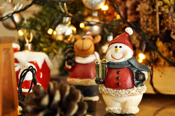 istock Plush Snowman doll with Christmas Decorations for background 692164192
