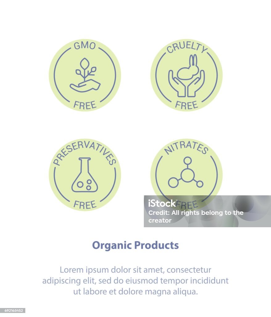 Set Badge Ingredient Warning Label Icons. GMO, Cruelty, Preservatives, Nitrates Free Product Stickers. Isolated Vector Style Illustration icon Set Badge Ingredient Warning Label Icons. GMO, Cruelty, Preservatives, Nitrates Free Product Stickers. Flat Line Icon Design Genetic Modification stock vector