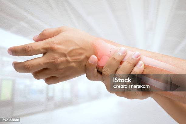 Man Massaging Painful Wrist On A White Background Pain Concept Stock Photo - Download Image Now