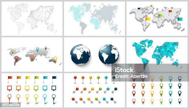 Mappa Del Mondo Vettoriale Punteggiata Di Connessione Poligonale E 3d - Immagini vettoriali stock e altre immagini di Spilla