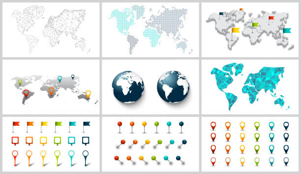 Vector dotted, connection, polygonal and 3d world map. Vector dotted, connection, polygonal and 3d world map. Earth globe. Set of map pointers. Colorful markers. map markers and pins stock illustrations