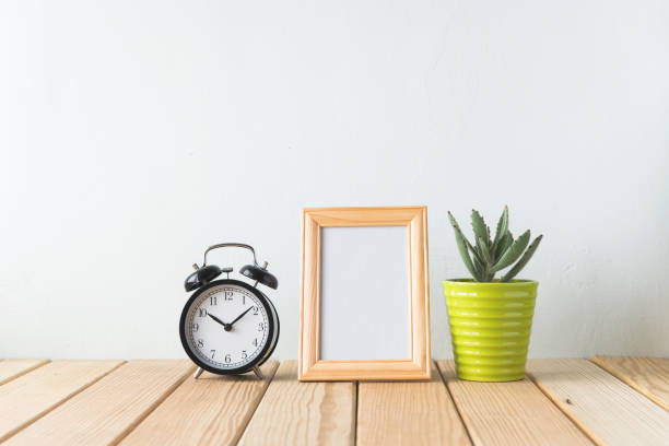 istock Plants and alarm clock on a white wall shelf 692172082