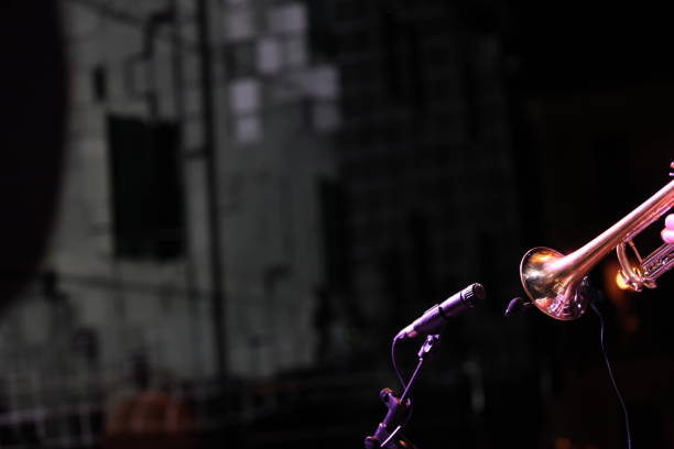 istock Trumpet and microphone at jazz gig 692172348