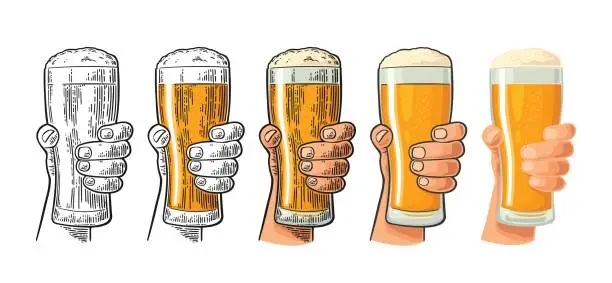 Vector illustration of Man hand holding and clinking beer glass. Different graphic styles