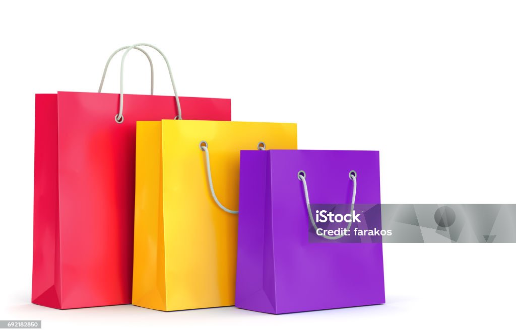 Three shopping bags on white background Group of color paper shopping bags isolated on white background. Business, retail, sale and online commerce concept. 3D illustration Shopping Bag Stock Photo