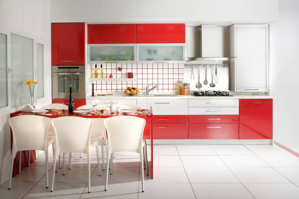 modern domestic kitchen clean modern domestic red kitchen desing red kitchen cabinets stock pictures, royalty-free photos & images
