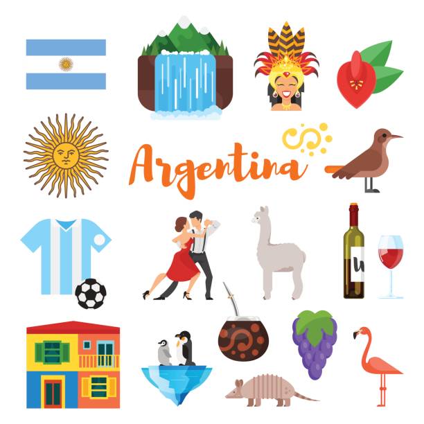 Vector flat style set of Argentina national cultural symbols. Vector flat style set of Argentina national cultural symbols. Icon for web. Isolated on white background. argentina stock illustrations