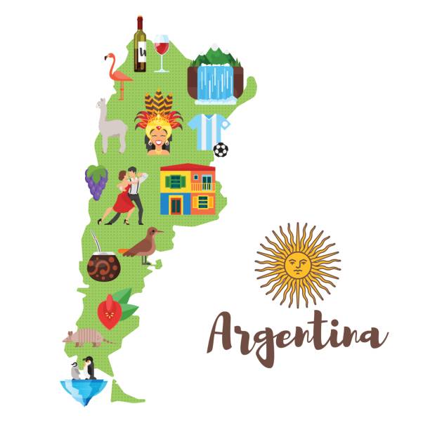 illustration of Argentina map with Argentinian national cultural symbols. Vector flat style illustration of Argentina map with Argentinian national cultural symbols. Isolated on white background. argentina map stock illustrations