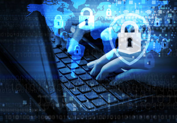 istock Security internet concept of woman using laptop with key 692196160